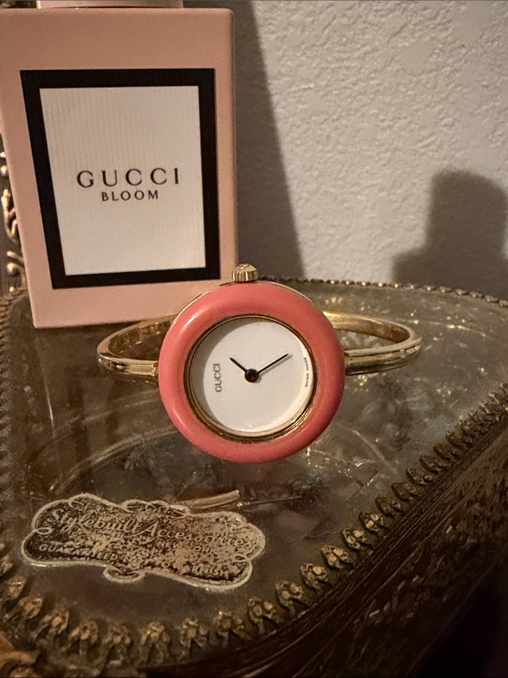 Gucci Gold-Tone Bangle Watch with Pink Enamel Bezel